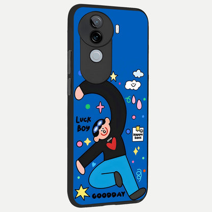  Happy Luck Vibe back cover for iQOO Z9s slim fit glass case with vibrant aesthetic design
