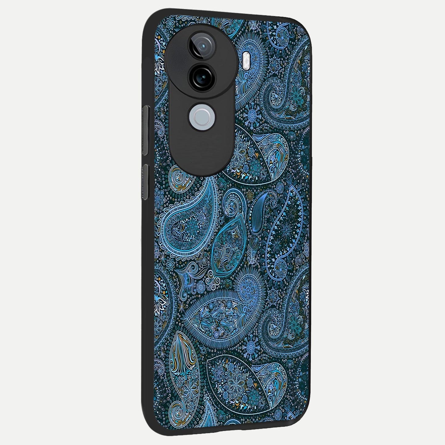  Midnight Paisley Glow back cover for iQOO Z9s slim fit glass case with vibrant aesthetic design