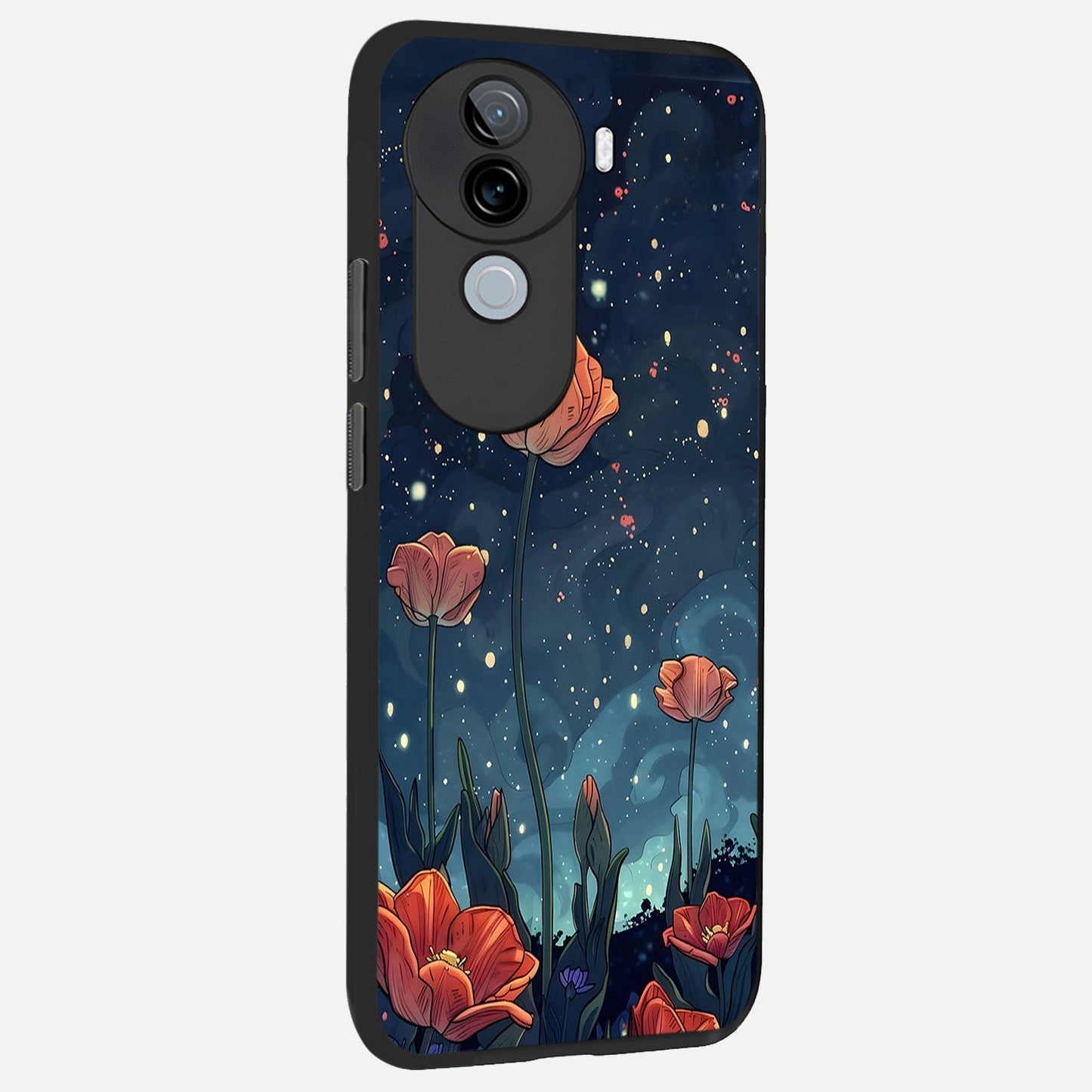  Midnight Tulip Glow back cover for iQOO Z9s slim fit glass case with vibrant aesthetic design