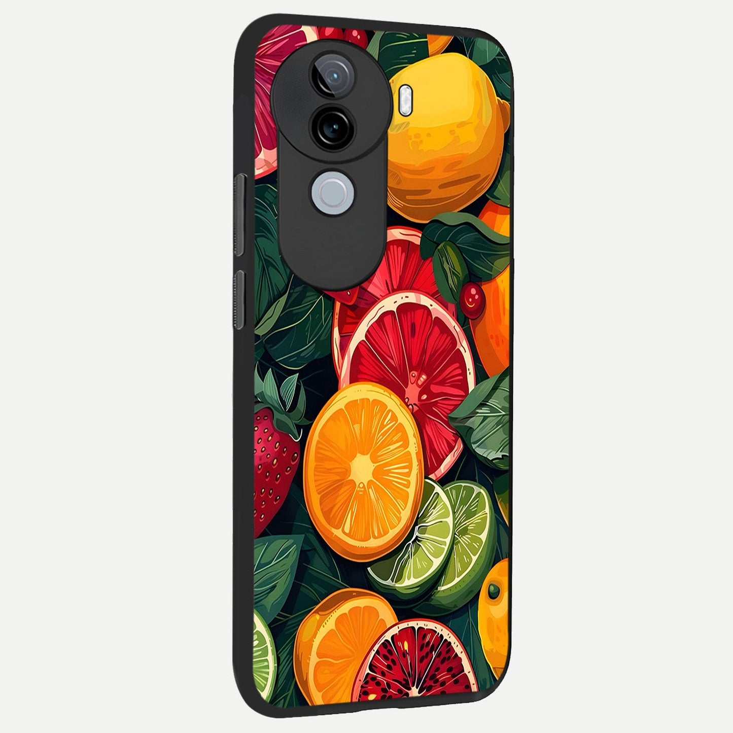  Multiple Fruits back cover for iQOO Z9s slim fit glass case with vibrant aesthetic design
