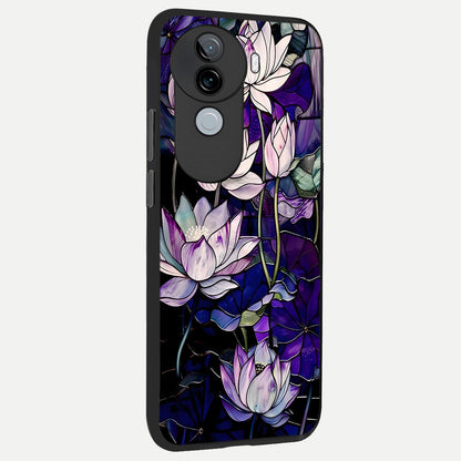  Purple Lotus Pattern back cover for iQOO Z9s slim fit glass case with vibrant aesthetic design