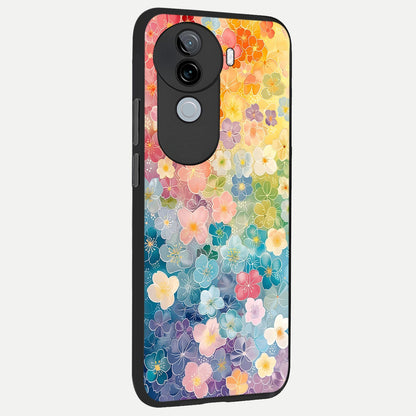  Rainbow Blossom Burst back cover for iQOO Z9s slim fit glass case with vibrant aesthetic design