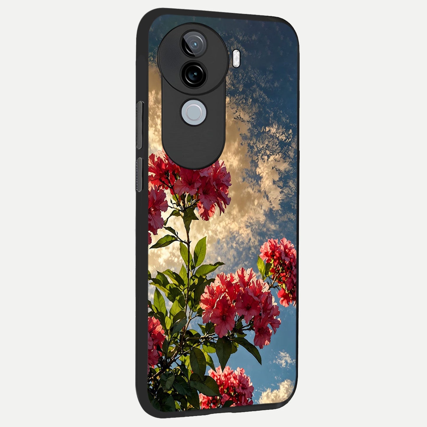  Red Bloom Skies back cover for iQOO Z9s slim fit glass case with vibrant aesthetic design