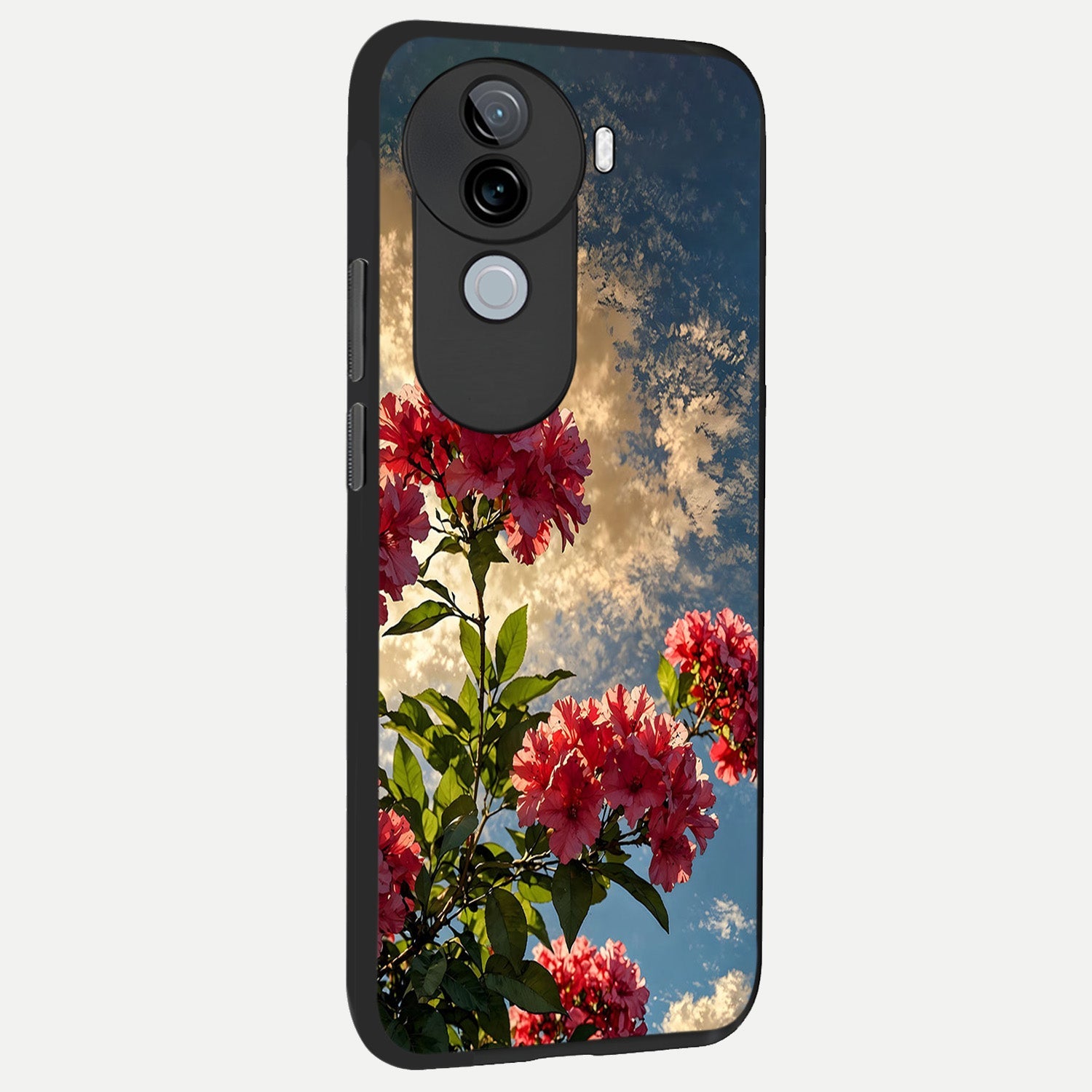  Red Bloom Skies back cover for iQOO Z9s slim fit glass case with vibrant aesthetic design