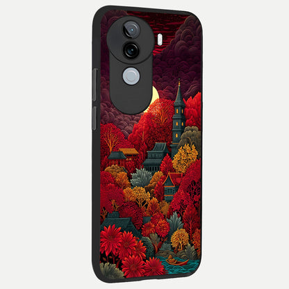  Scarlet Autumn Temple back cover for iQOO Z9s slim fit glass case with vibrant aesthetic design