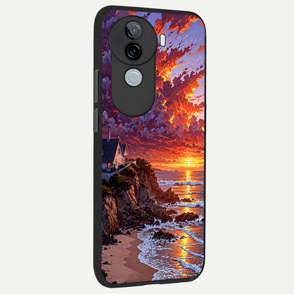 Sunset House By Sea back cover for iQOO Z9s slim fit glass case with vibrant aesthetic design
