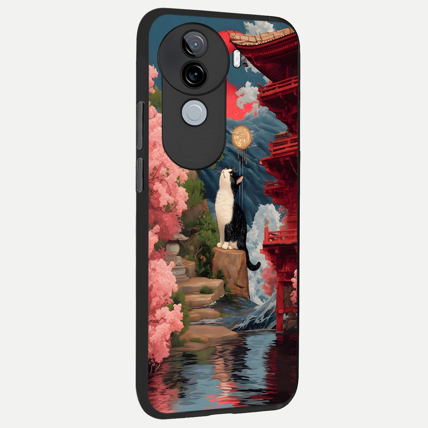  Temple Cat Scenery back cover for iQOO Z9s slim fit glass case with vibrant aesthetic design