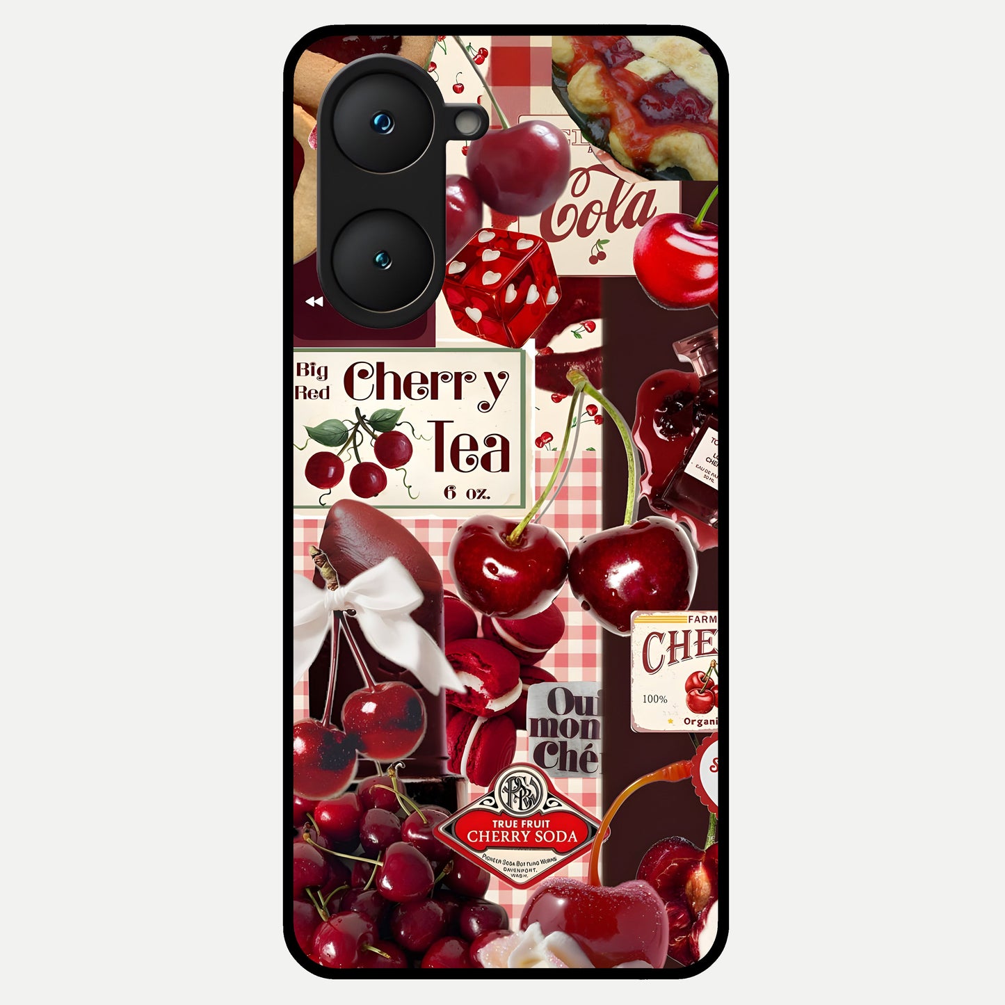  Aesthetic Cherry Tea Glass Case for iQOO Z9 lite back cover – full design glossy printed glass finish