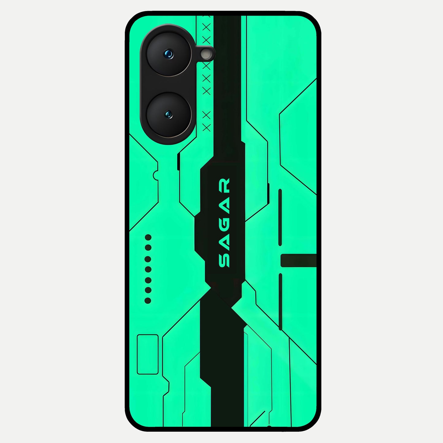  Aqua Tech CYBERPUNK Custom Name Glass Case for iQOO Z9 lite back cover – full design glossy printed glass finish
