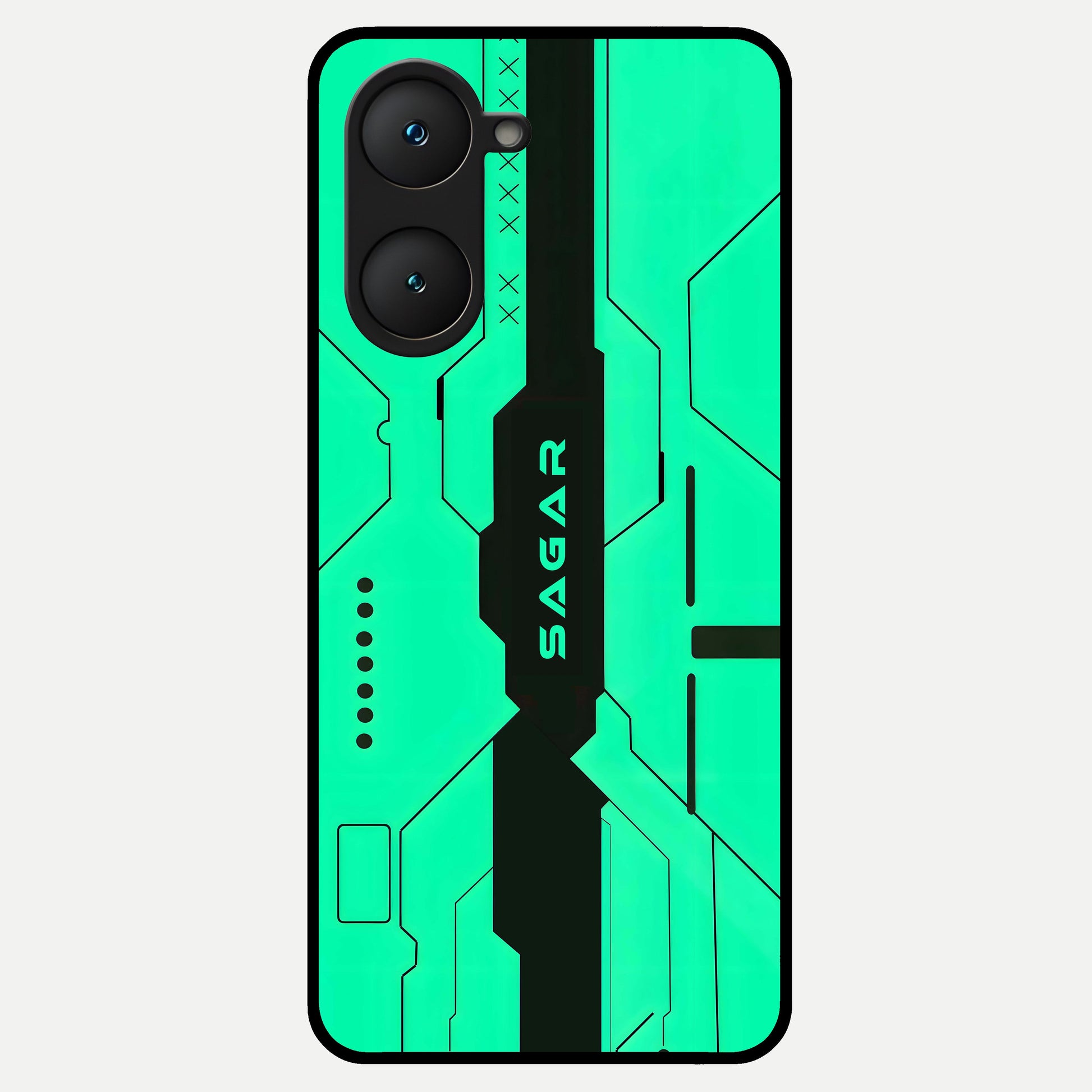  Aqua Tech CYBERPUNK Custom Name Glass Case for iQOO Z9 lite back cover – full design glossy printed glass finish