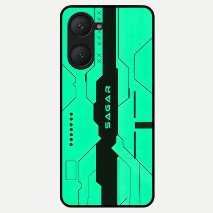  Aqua Tech CYBERPUNK Custom Name Glass Case for iQOO Z9 lite back cover – full design glossy printed glass finish