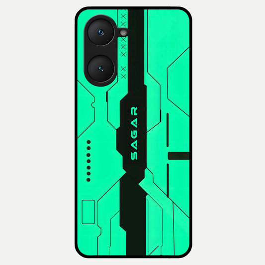  Aqua Tech CYBERPUNK Custom Name Glass Case for iQOO Z9 lite back cover – full design glossy printed glass finish
