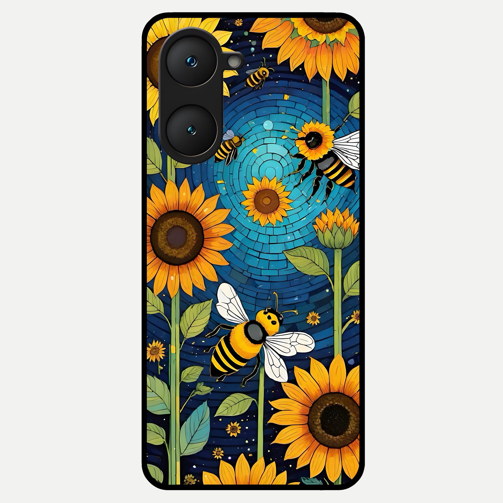  Bees And Sunflowers Glass Case for iQOO Z9 lite back cover – full design glossy printed glass finish
