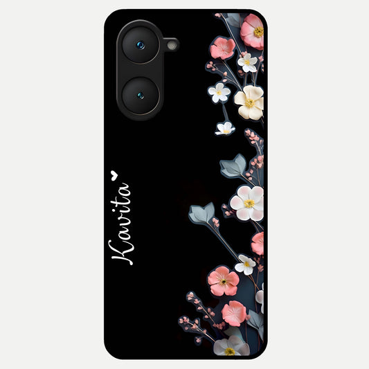  Black Elegance Floral Custom Name Glass Case for iQOO Z9 lite back cover – full design glossy printed glass finish