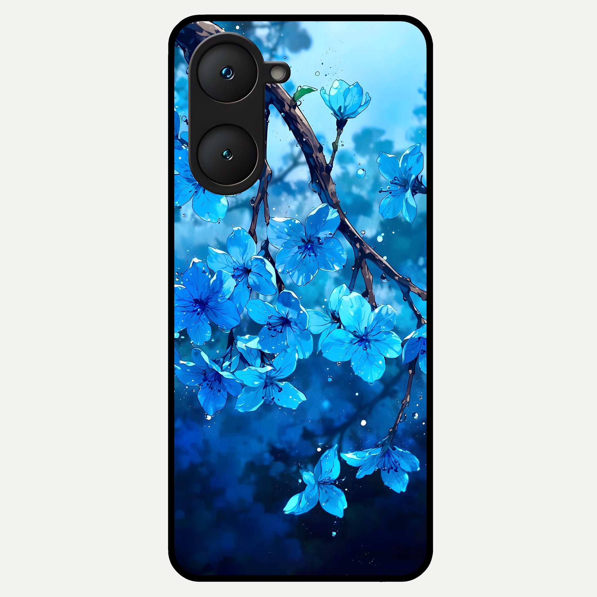  Blue Blossoms Branch Glass Case for iQOO Z9 lite back cover – full design glossy printed glass finish