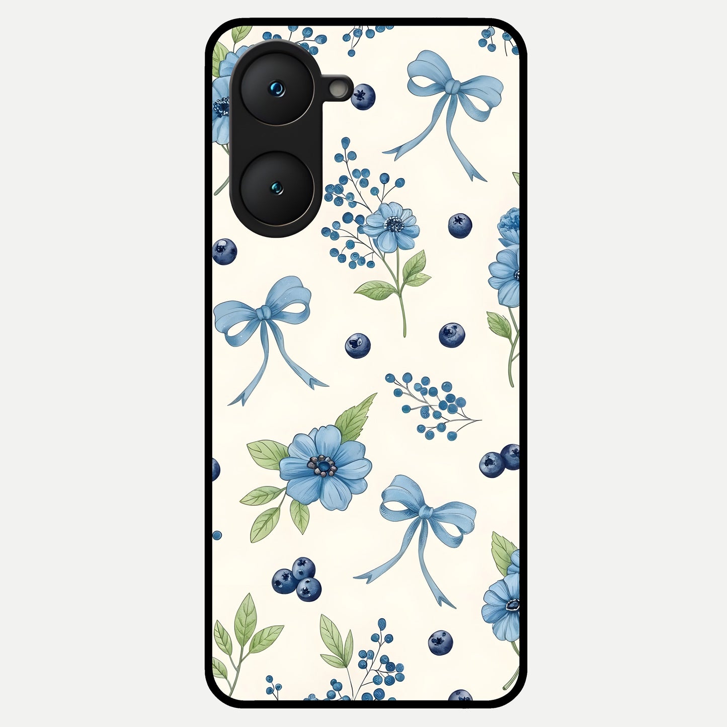  Blue Flower And Bow Glass Case for iQOO Z9 lite back cover – full design glossy printed glass finish