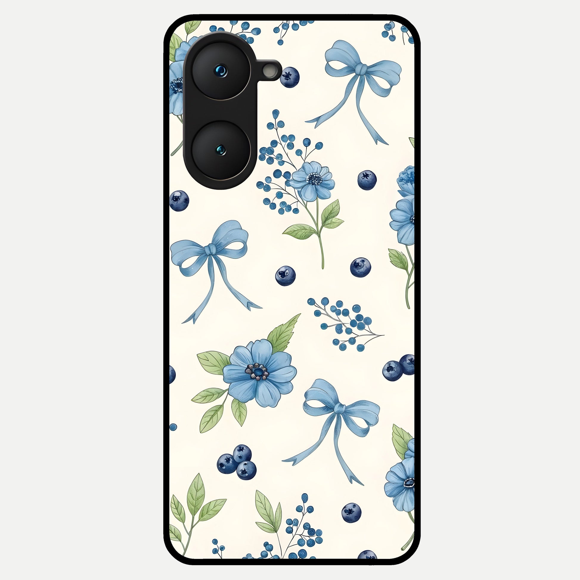  Blue Flower And Bow Glass Case for iQOO Z9 lite back cover – full design glossy printed glass finish
