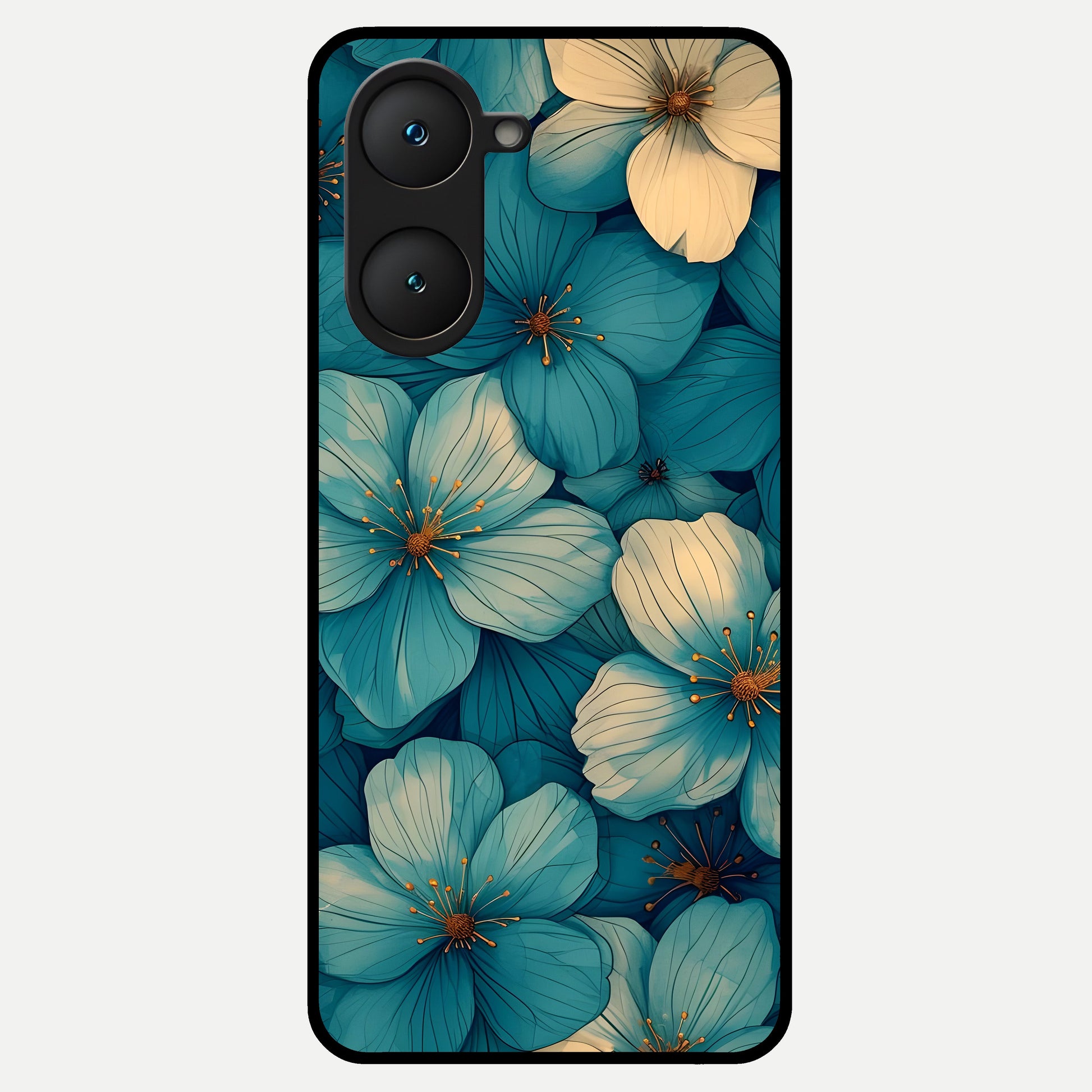  Blue Shade Floral Glass Case for iQOO Z9 lite back cover – full design glossy printed glass finish