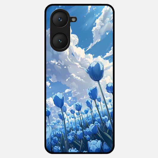  Blue Tulip Clouds Glass Case for iQOO Z9 lite back cover – full design glossy printed glass finish