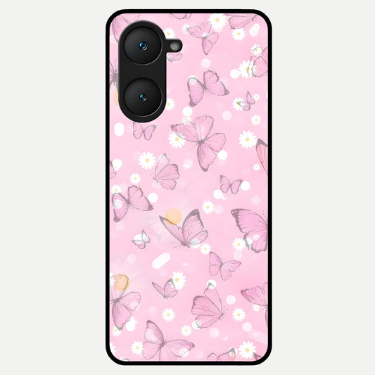  Blush Butterfly Garden Glass Case for iQOO Z9 lite back cover – full design glossy printed glass finish