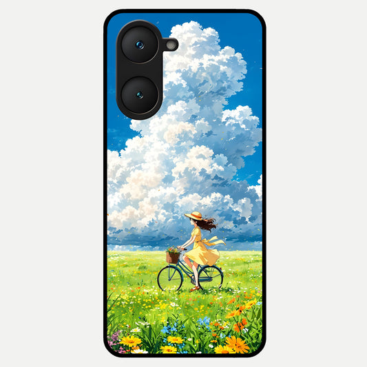  Breezy Meadow Ride Glass Case for iQOO Z9 lite back cover – full design glossy printed glass finish