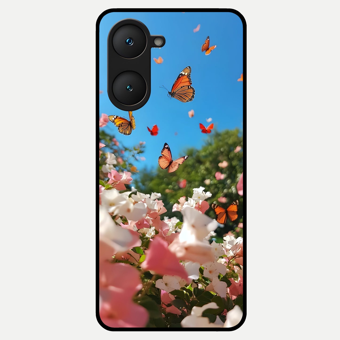  Butterflies In Bloom Sky Glass Case for iQOO Z9 lite back cover – full design glossy printed glass finish