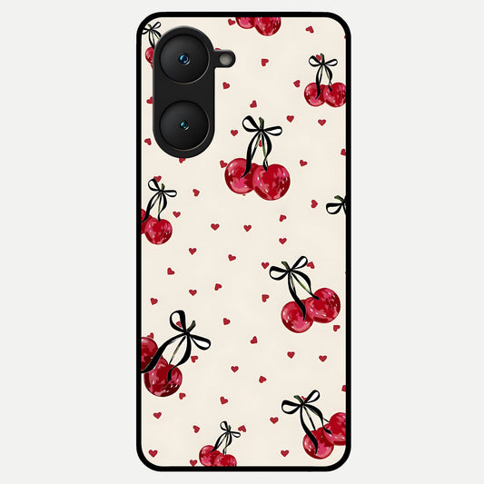  Cherry Heart Bow Glass Case for iQOO Z9 lite back cover – full design glossy printed glass finish