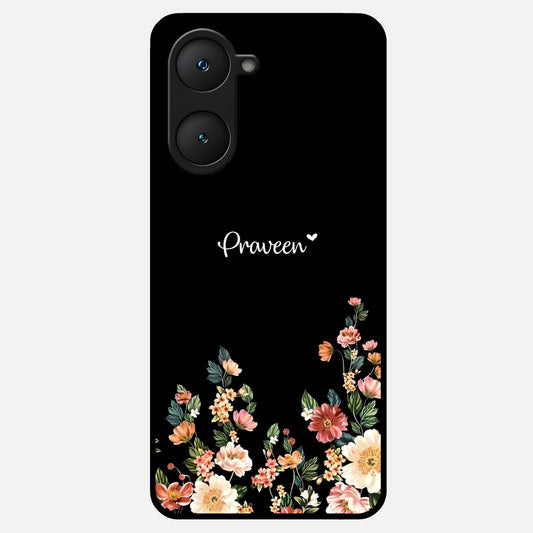  Floral Design Personalized Custom Name Glass Case for iQOO Z9 lite back cover – full design glossy printed glass finish