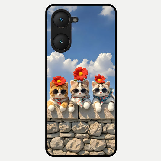  Floral Kitty Squad Glass Case for iQOO Z9 lite back cover – full design glossy printed glass finish