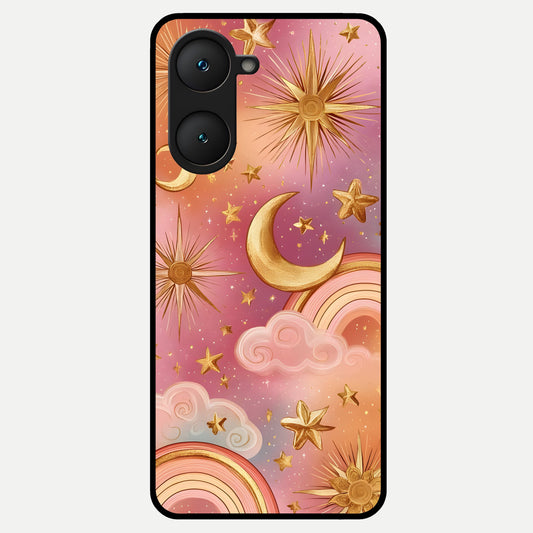  Golden Celestial Dreams Glass Case for iQOO Z9 lite back cover – full design glossy printed glass finish