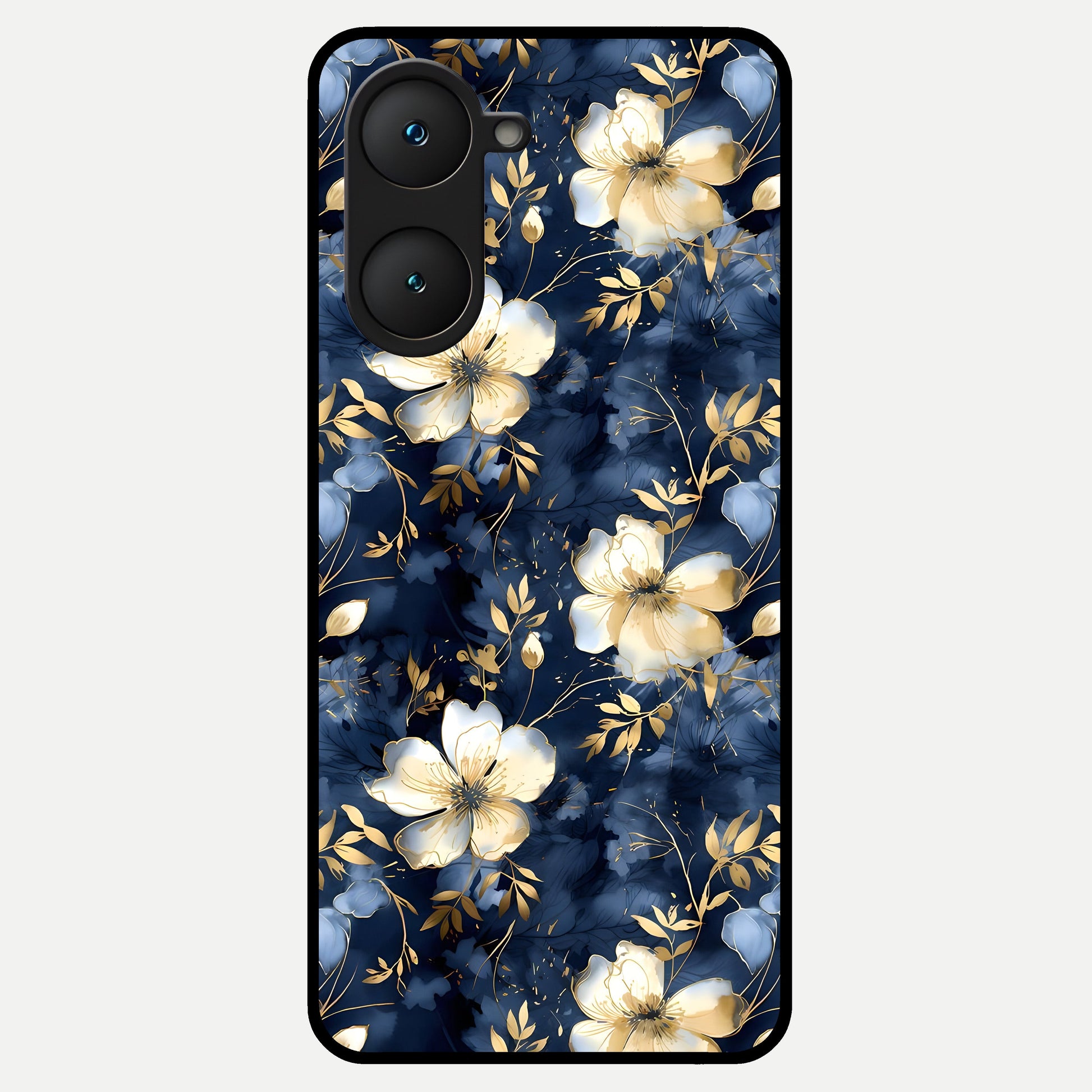  Golden Midnight Bloom Glass Case for iQOO Z9 lite back cover – full design glossy printed glass finish