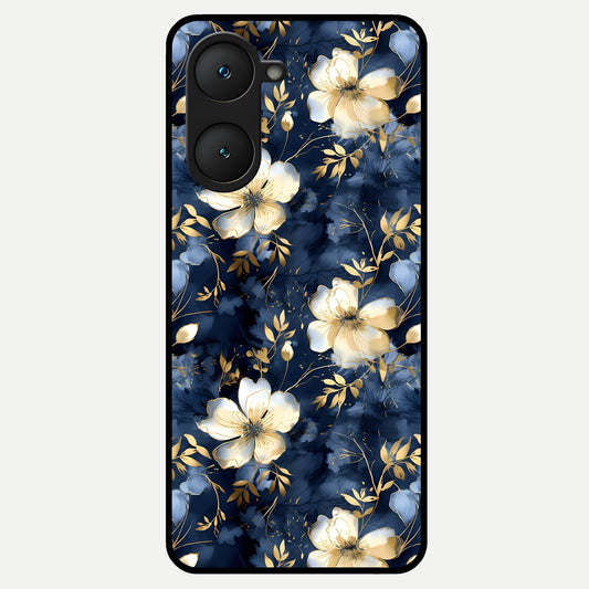  Golden Midnight Bloom Glass Case for iQOO Z9 lite back cover – full design glossy printed glass finish