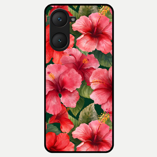  Hibiscus Pattern Glass Case for iQOO Z9 lite back cover – full design glossy printed glass finish