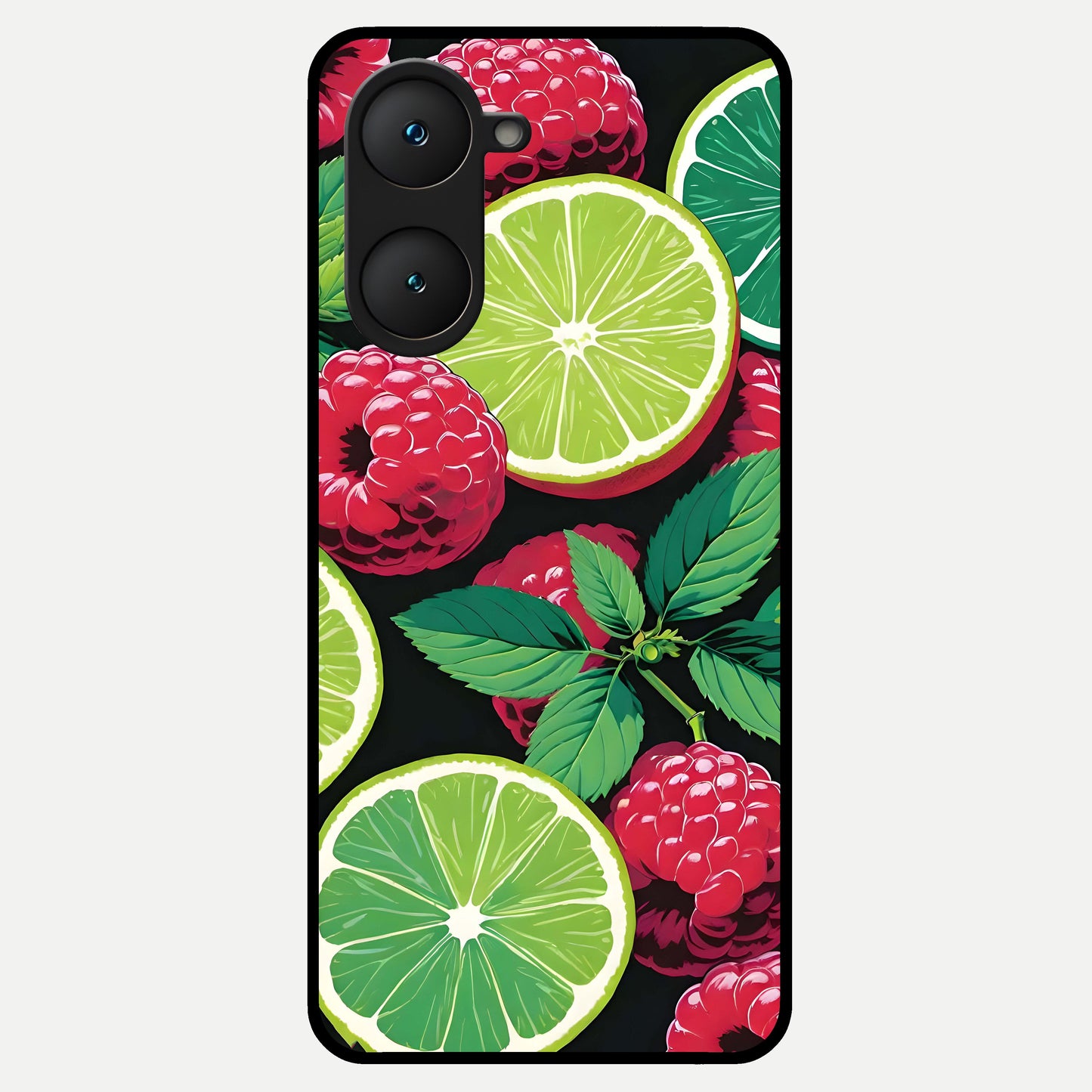  Lime and Raspberry Pattern Glass Case for iQOO Z9 lite back cover – full design glossy printed glass finish