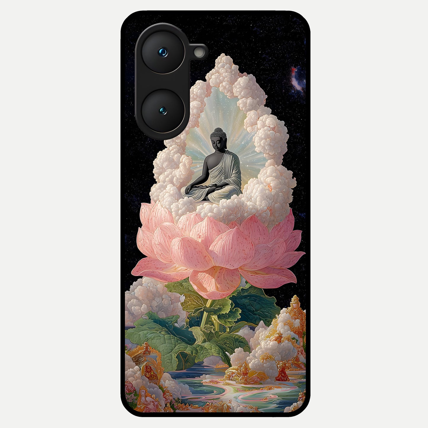  Lotus Divine Peace Glass Case for iQOO Z9 lite back cover – full design glossy printed glass finish