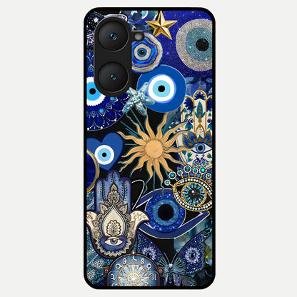  Mystic Blue Evil Eye Glass Case for iQOO Z9 lite back cover – full design glossy printed glass finish