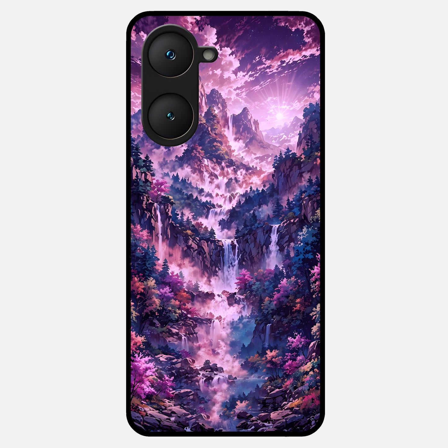  Mystic Cascade Peaks Glass Case for iQOO Z9 lite back cover – full design glossy printed glass finish