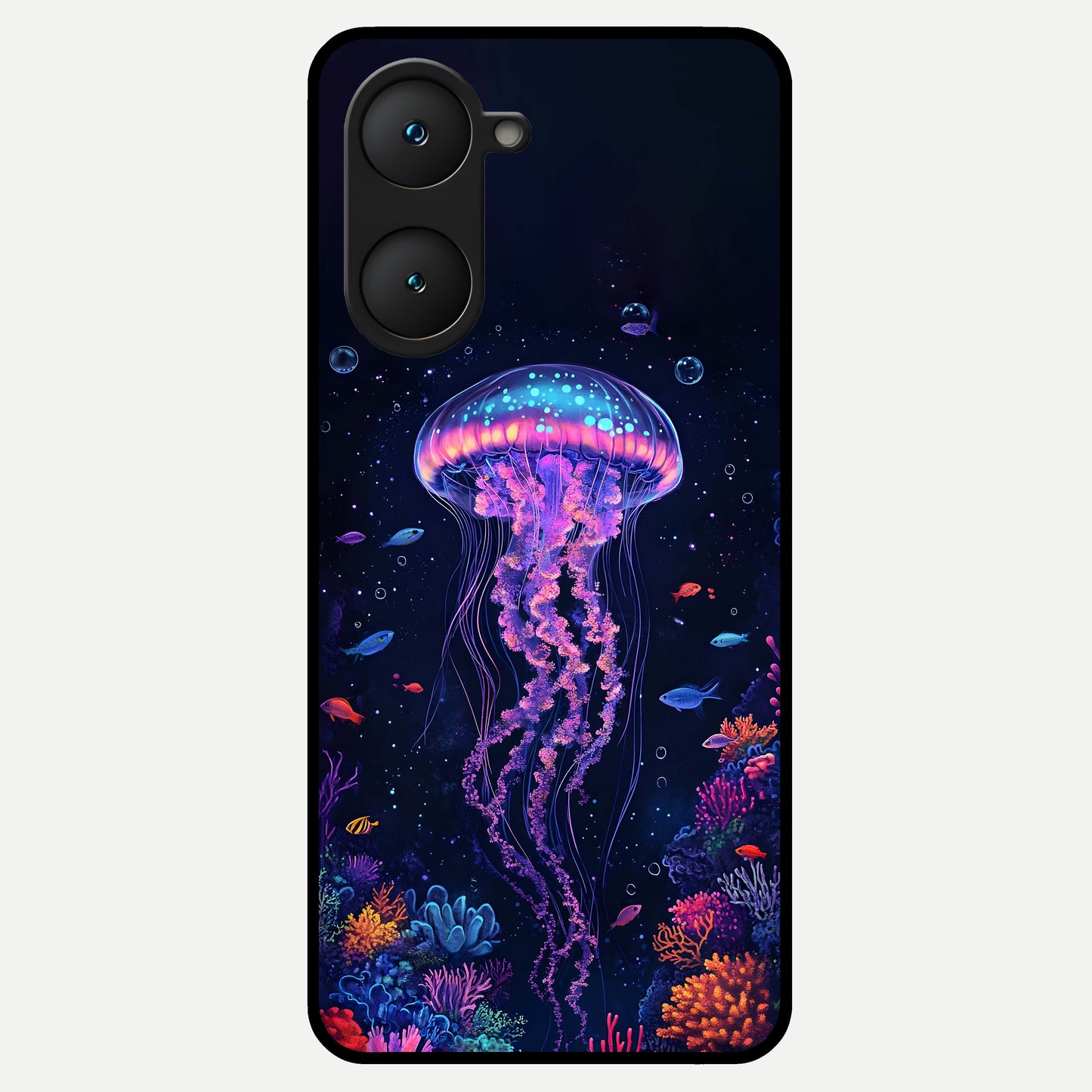  Neon Jellyfish Glass Case for iQOO Z9 lite back cover – full design glossy printed glass finish