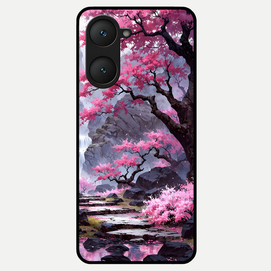  Pink Sunflower Glow Glass Case for iQOO Z9 lite back cover – full design glossy printed glass finish