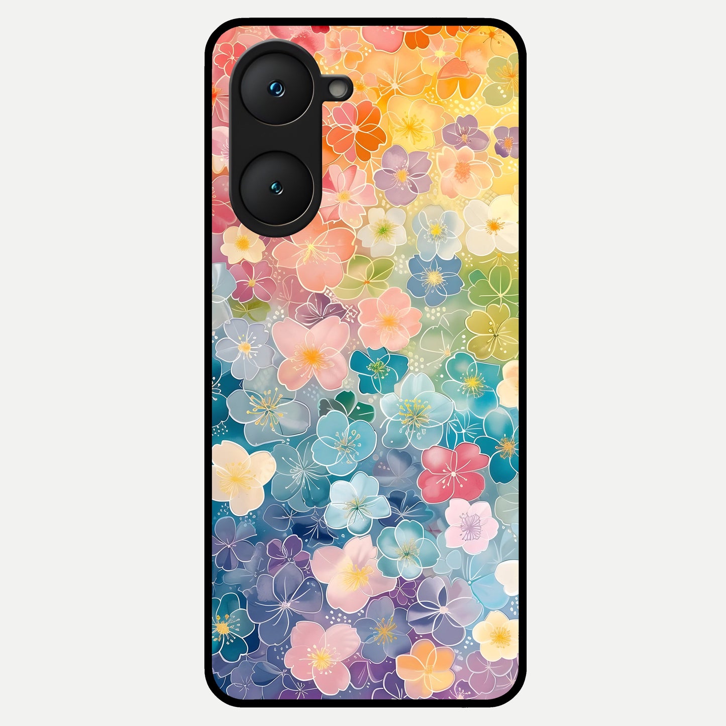  Rainbow Blossom Burst Glass Case for iQOO Z9 lite back cover – full design glossy printed glass finish