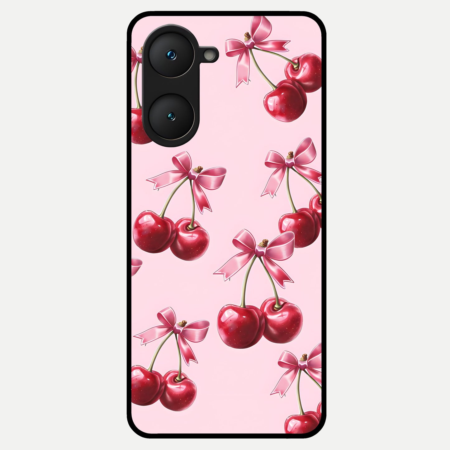  Red Cherries Pattern Glass Case for iQOO Z9 lite back cover – full design glossy printed glass finish