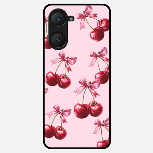  Red Cherries Pattern Glass Case for iQOO Z9 lite back cover – full design glossy printed glass finish