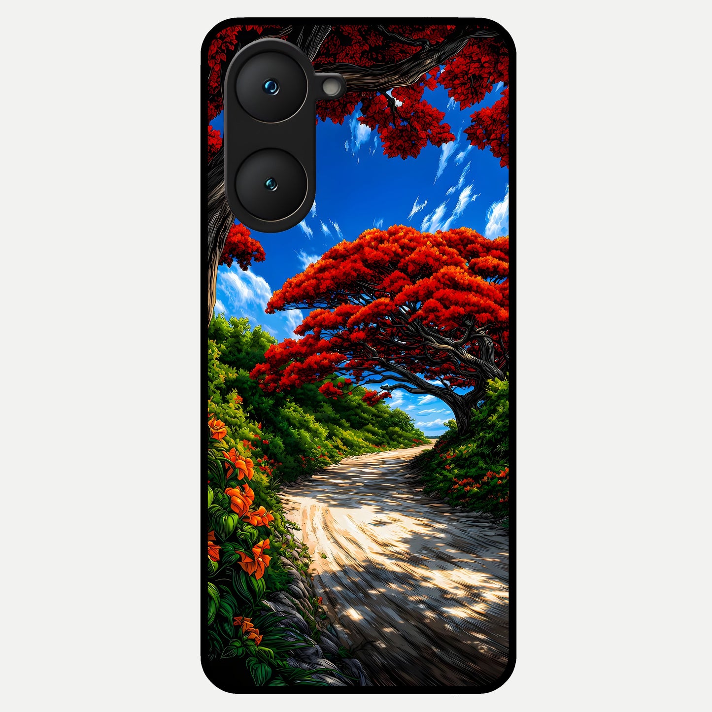  Red Trees Pathway Glass Case for iQOO Z9 lite back cover – full design glossy printed glass finish