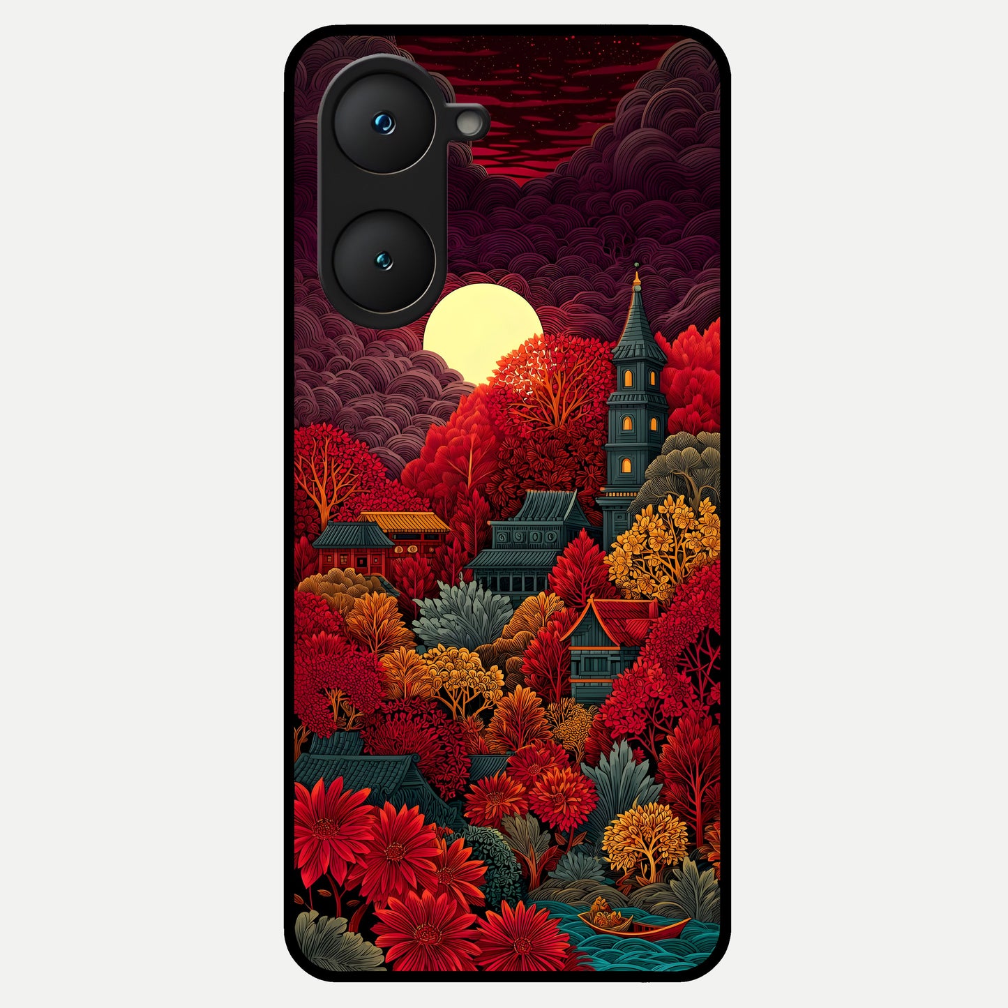  Scarlet Autumn Temple Glass Case for iQOO Z9 lite back cover – full design glossy printed glass finish