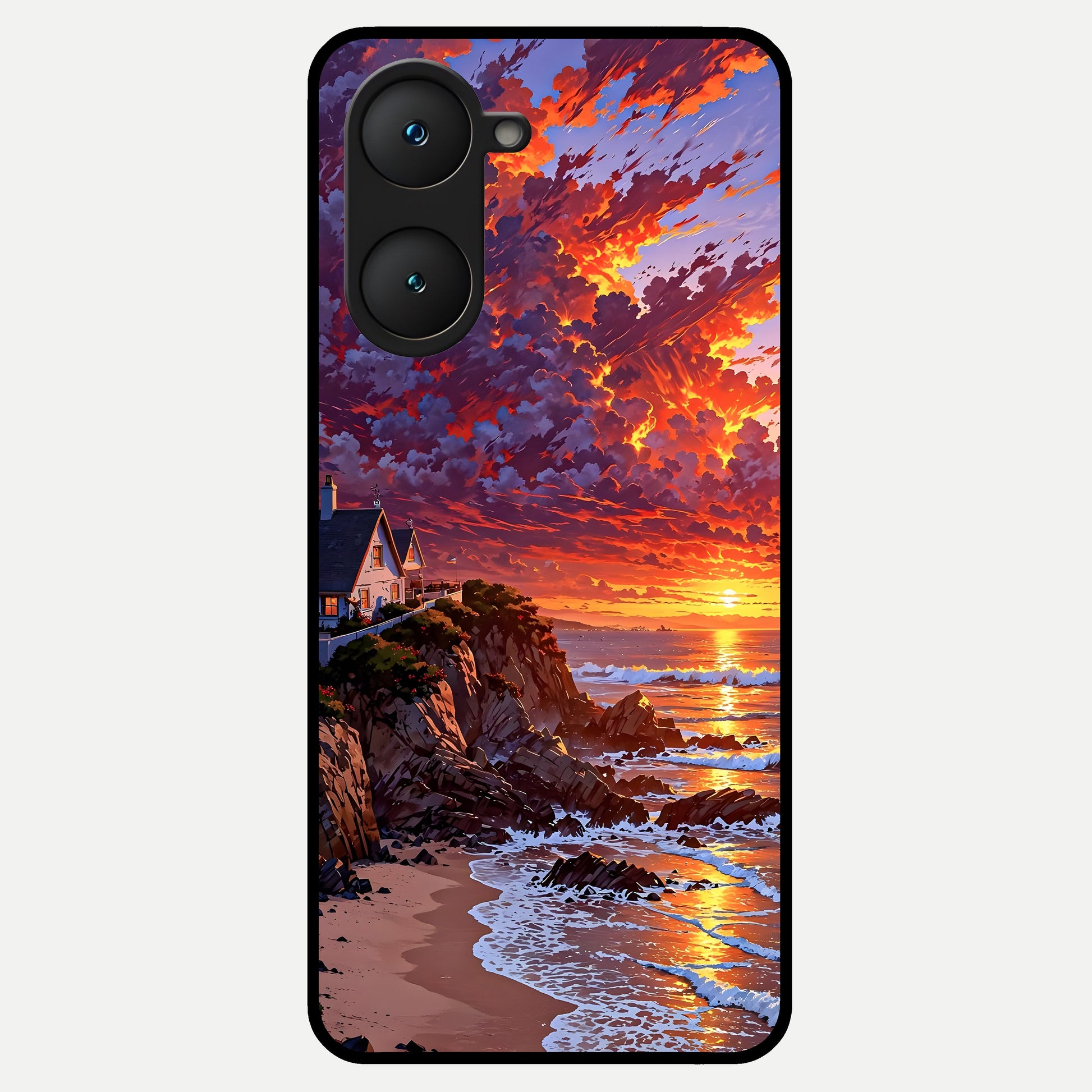  Sunset House By Sea Glass Case for iQOO Z9 lite back cover – full design glossy printed glass finish