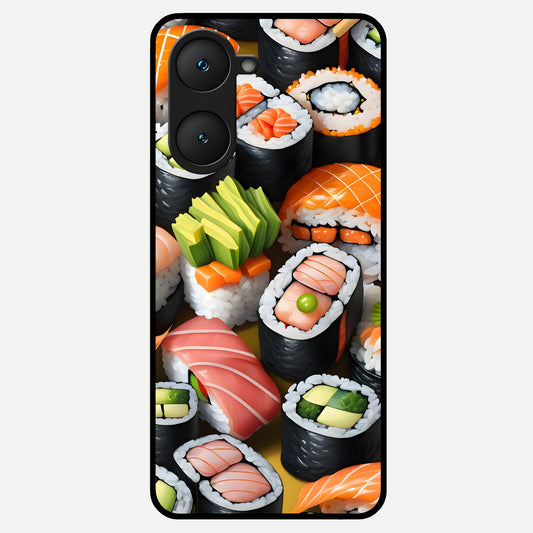  Sushi Food Pattern Glass Case for iQOO Z9 lite back cover – full design glossy printed glass finish