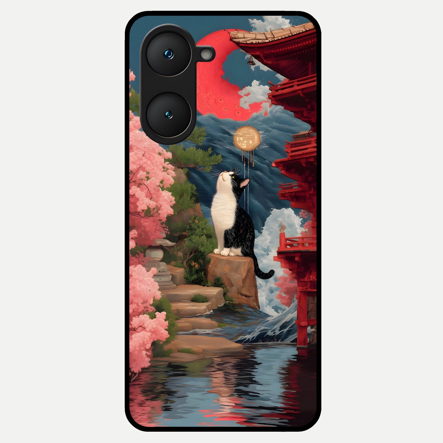  Temple Cat Scenery Glass Case for iQOO Z9 lite back cover – full design glossy printed glass finish