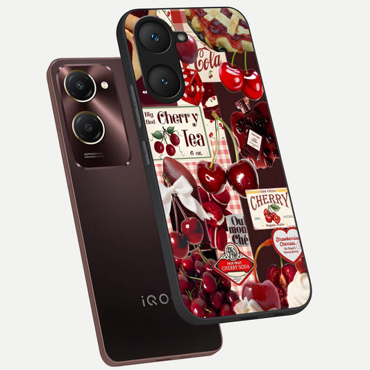  Aesthetic Cherry Tea phone case for iQOO Z9 lite showing premium glass back cover with detailed artwork