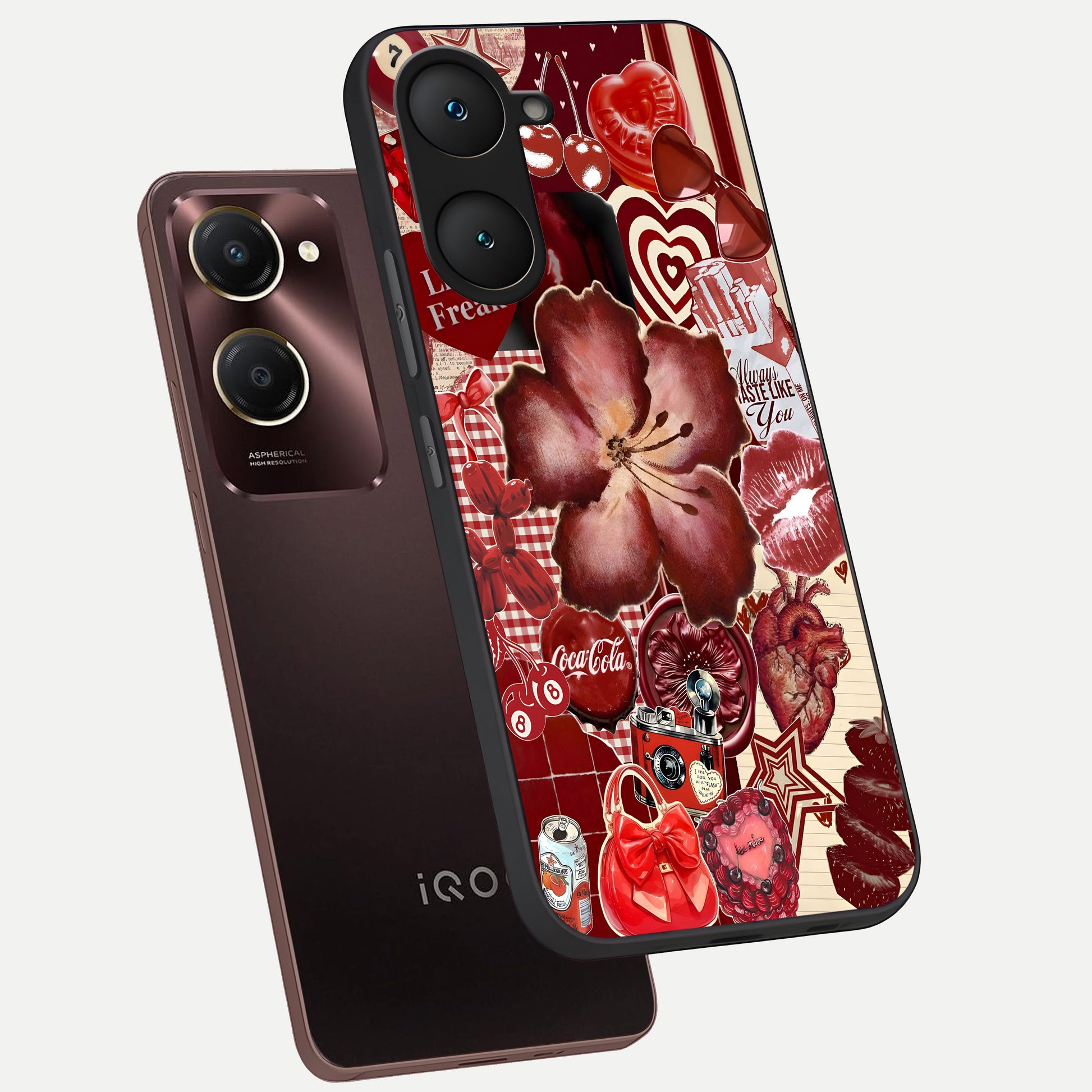  Aesthetic Little Freak phone case for iQOO Z9 lite showing premium glass back cover with detailed artwork