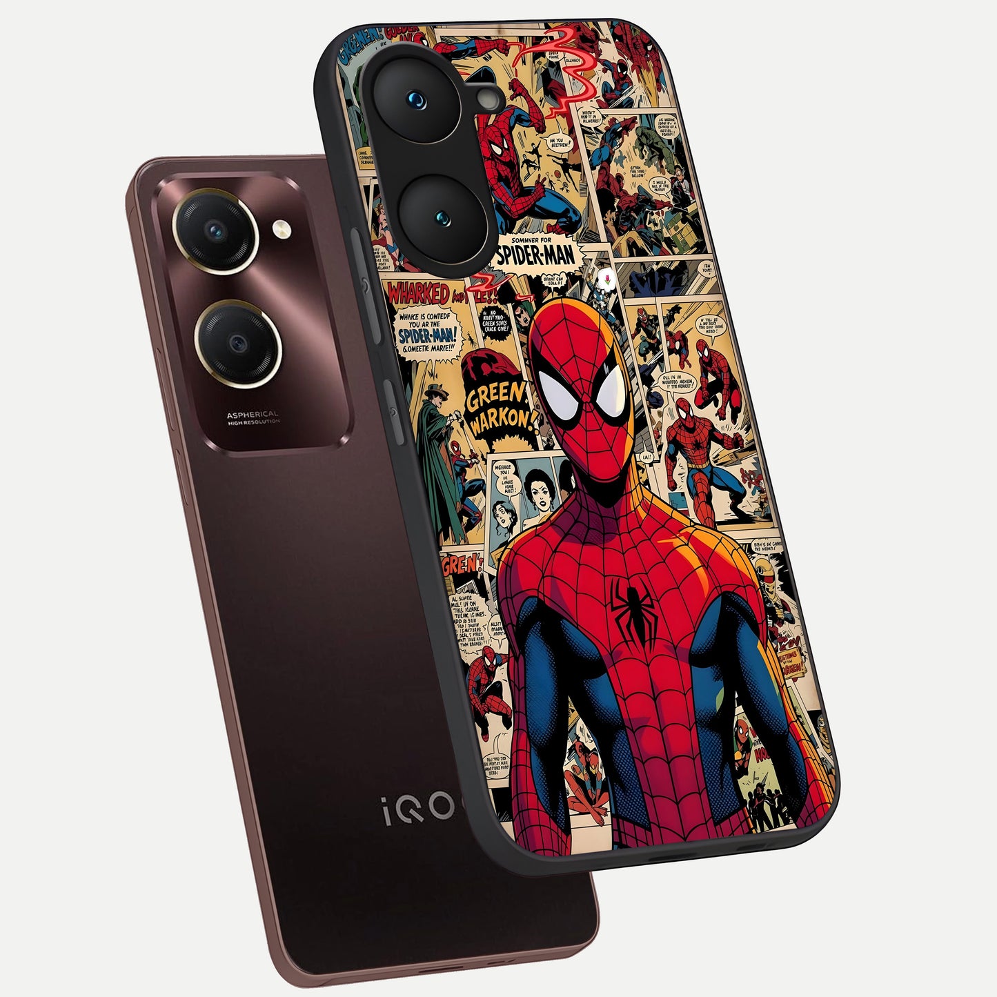  Aesthetic Spider phone case for iQOO Z9 lite showing premium glass back cover with detailed artwork